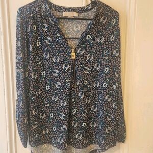 Michael Kors Navy Peacock  Paisley Print Blouse.  M K Logo Zipper.  Size XL